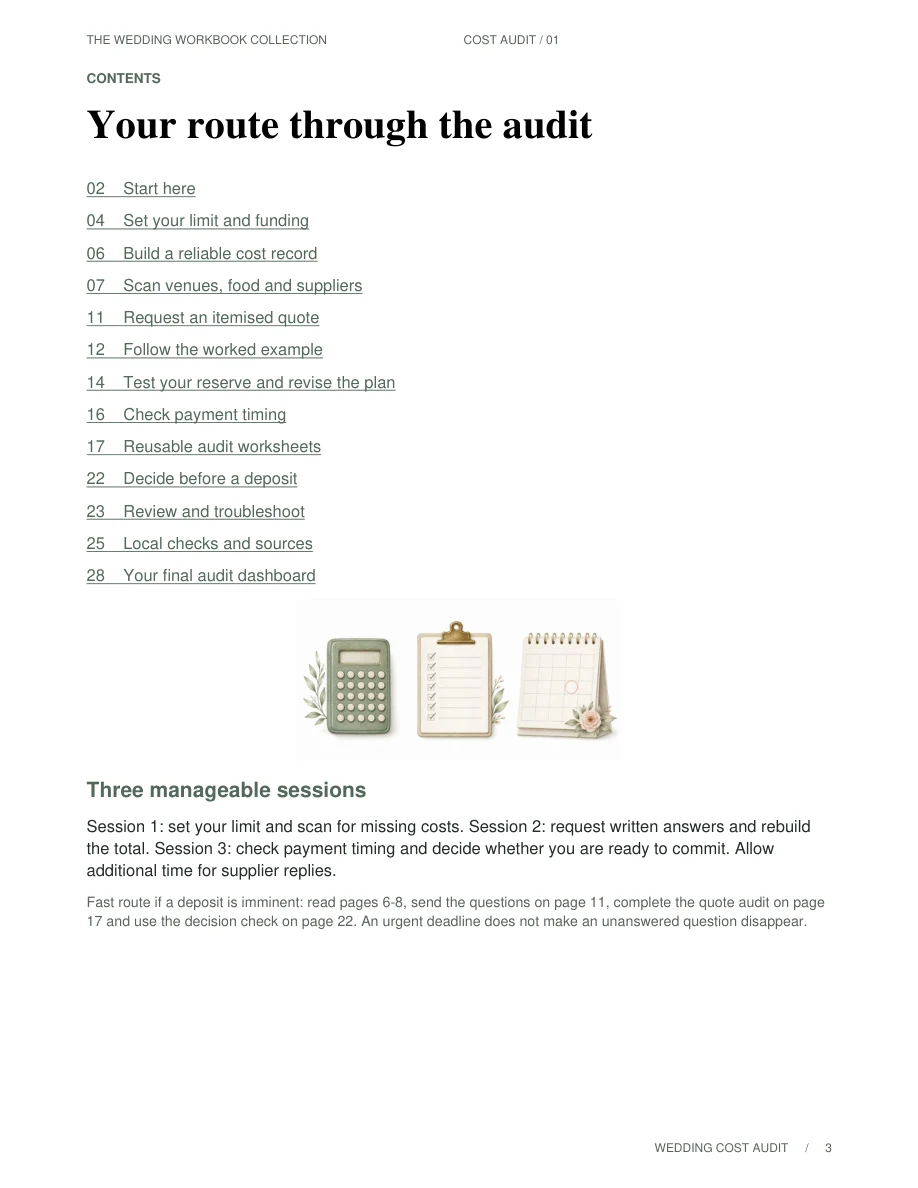 Wedding Cost Audit — Contents page, page 3