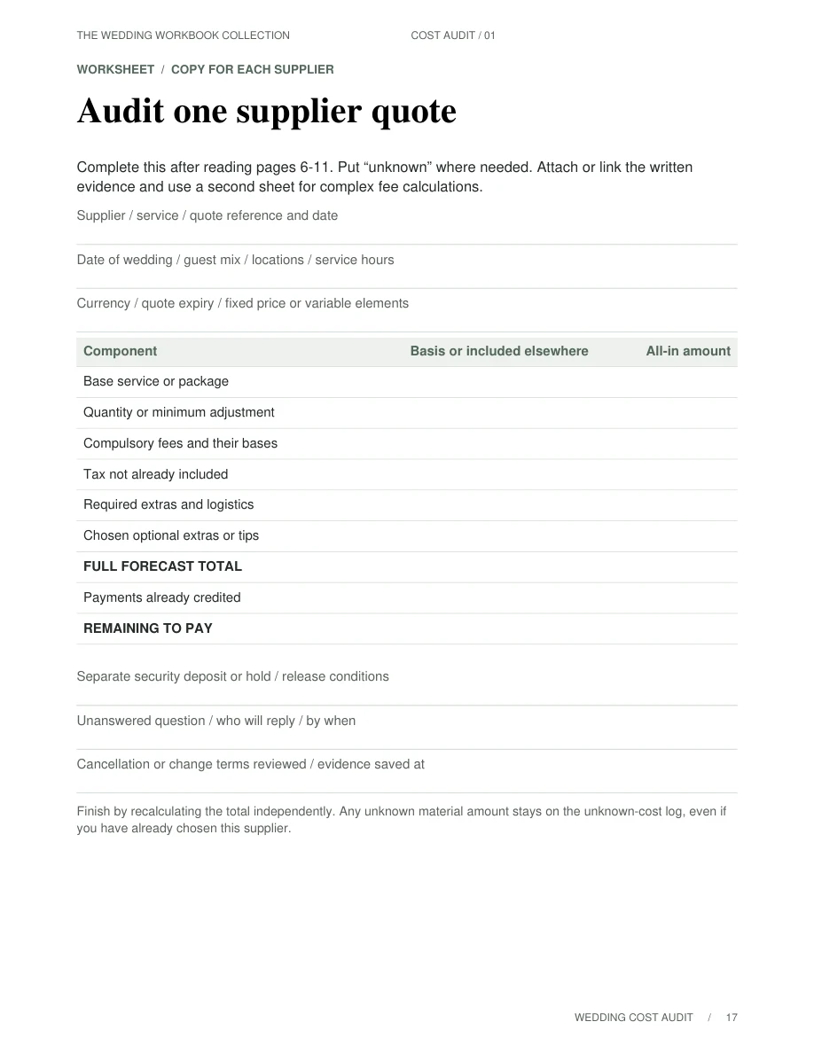 Wedding Cost Audit — Sample worksheet, page 17