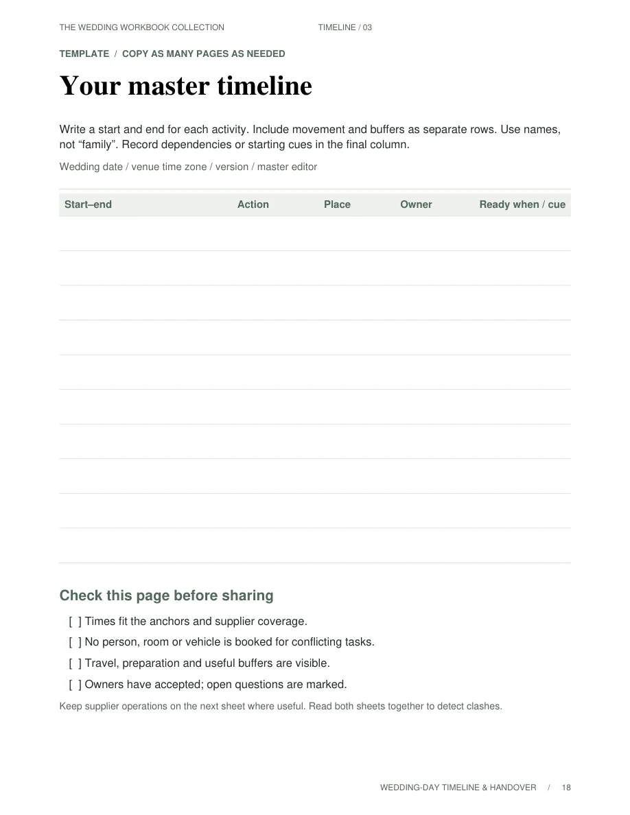 Wedding-Day Timeline & Handover Kit — Sample worksheet, page 18