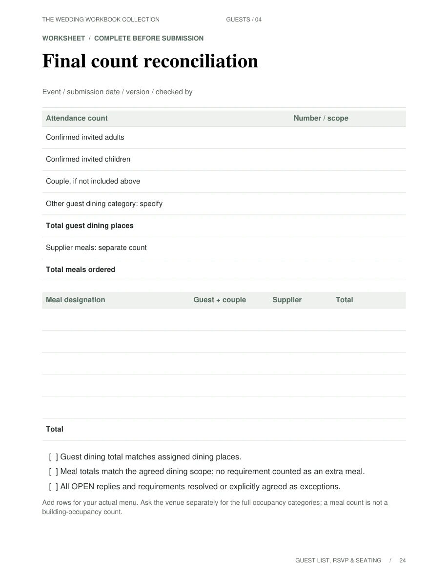 Guest List, RSVP & Seating Kit — Sample worksheet, page 24