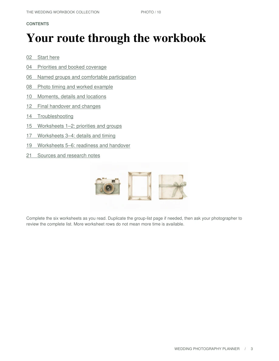 Wedding Photography Planner — Contents page, page 3