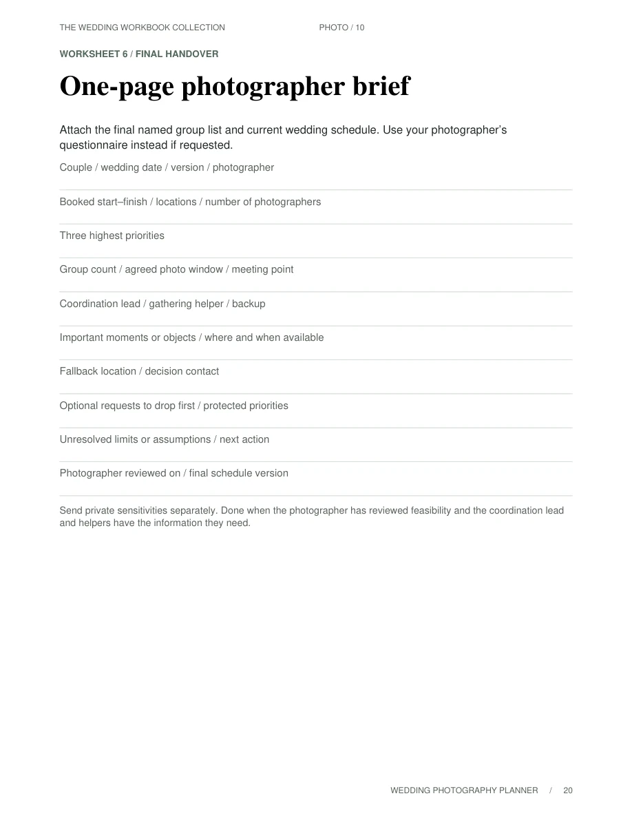 Wedding Photography Planner — Sample worksheet, page 20